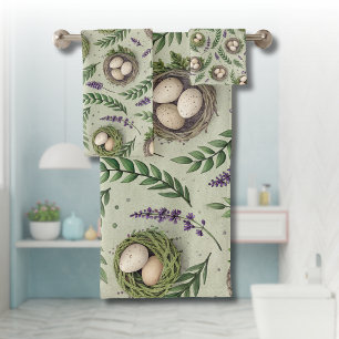 Simple Sage Green Easter Eggs Lavender Nest Bath Towel Set