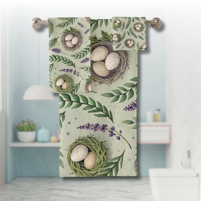 Simple Sage Green Easter Eggs Lavender Nest Bath Towel Set (Creator Uploaded)