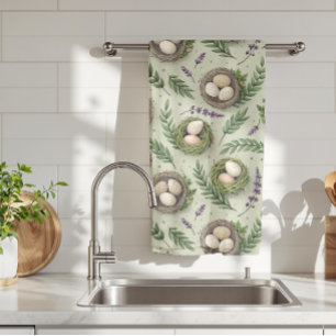 Simple Sage Green Easter Eggs Lavender Nest Tea Towel