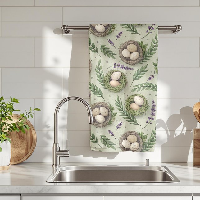 Simple Sage Green Easter Eggs Lavender Nest Tea Towel (Creator Uploaded)