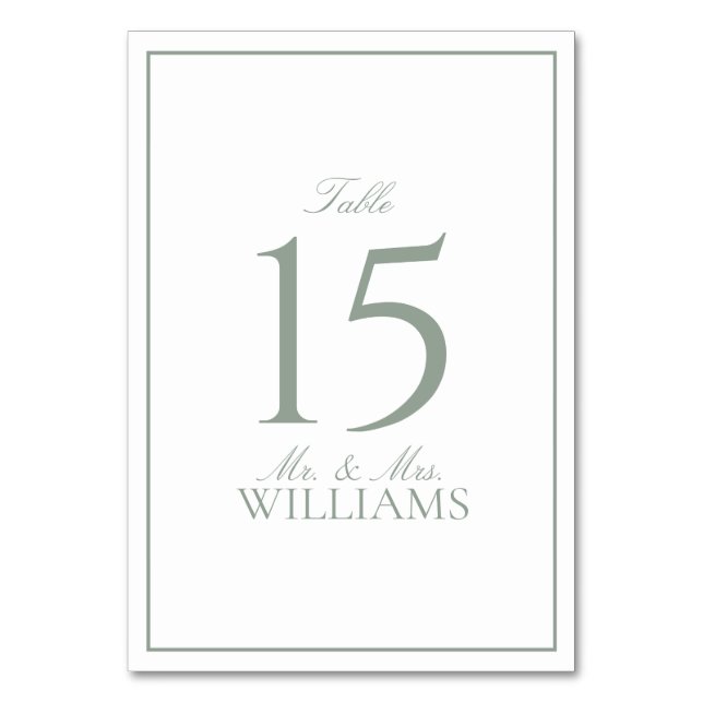 Simple Sage Green Elegant Calligraphy Wedding Table Number (Front)
