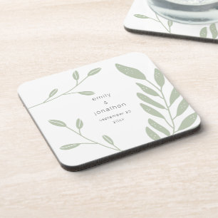 Simple Sage Green Foliage Names Date Wedding Favor Coaster