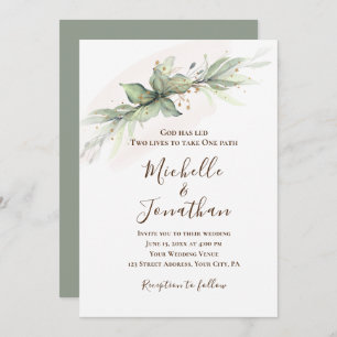 Simple Sage Green Gold Floral Christian Wedding Invitation