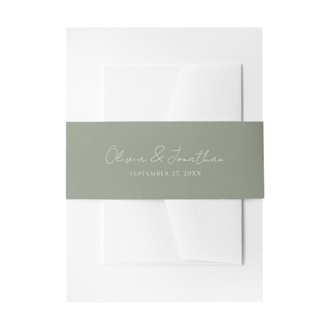 Simple Sage Green Handwritten Script Wedding Invitation Belly Band (Front Example)