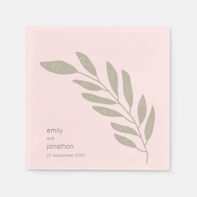 Simple Sage Green Leaves Names Date Wedding  Napkin (Front)