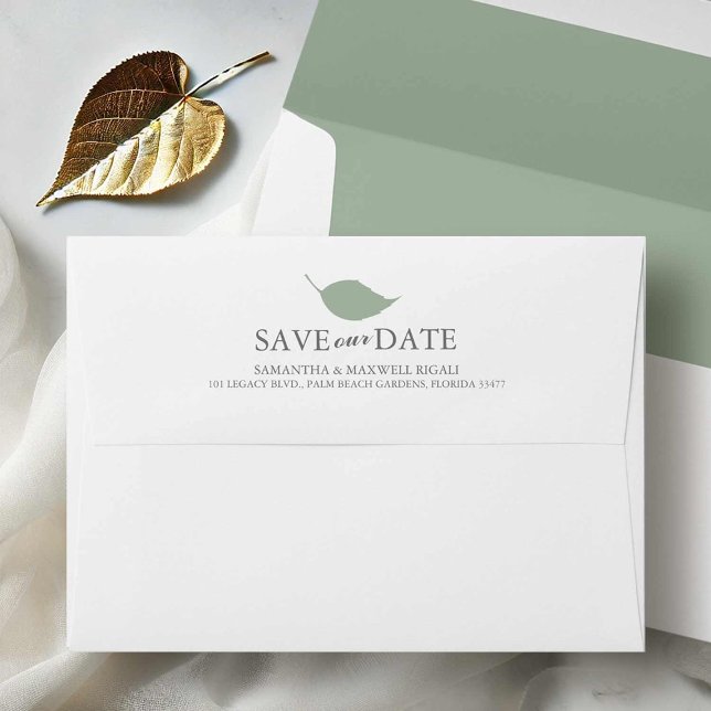Simple Sage Green Leaves Return Address Wedding Envelope (Sage green envelopes save the date with minimalist leaf by Victoria Grigaliunas Do Tell A Belle)