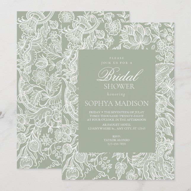 Simple Sage Green Line Art Wildflower  Invitation (Front/Back)