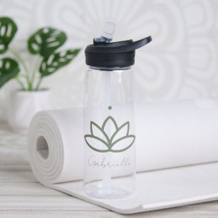 Simple Sage Green Lotus Yoga Personalised Name Water Bottle