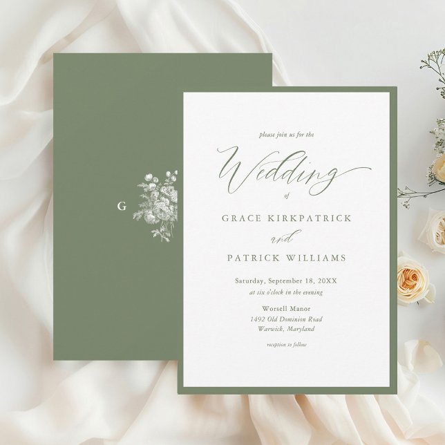 Simple Sage Green Monogram Calligraphy Wedding Invitation (Creator Uploaded)