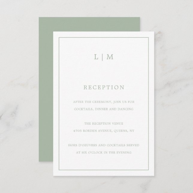 Simple Sage Green Monogram Elegant Wedding Enclosure Card (Front/Back)