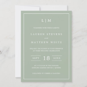 Simple Sage Green Monogram Elegant Wedding Invitation