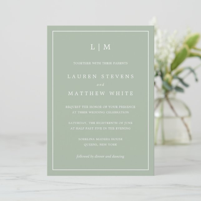 Simple Sage Green Monogram Elegant Wedding Invitation (Standing Front)