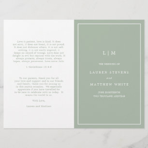 Simple Sage Green Monogram Elegant Wedding Program