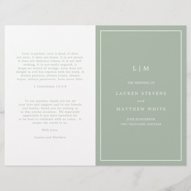 Simple Sage Green Monogram Elegant Wedding Program (Front)