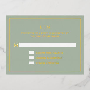 Simple Sage Green Monogram Elegant Wedding RSVP Foil Invitation Postcard