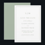 Simple Sage Green Monogram Elegant Wedding Save The Date<br><div class="desc">Simple save the date card featuring a modern yet elegant design with your two letter monogram at the top and your wedding details surrounded by a thin border. All text is in sage green over a white background and may be changed to any colours you wish in the design editing...</div>