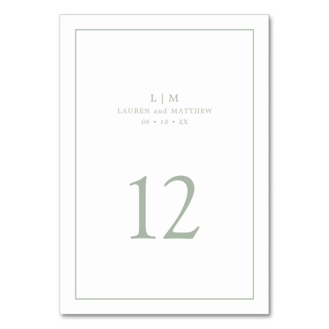 Simple Sage Green Monogram Elegant Wedding Table Number (Front)