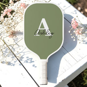 Simple Sage Green Monogram Initials Pickleball Paddle