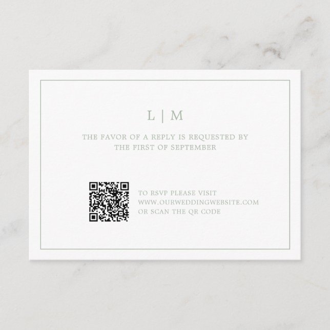 Simple Sage Green Monogram QR Code Elegant Wedding RSVP Card (Front)