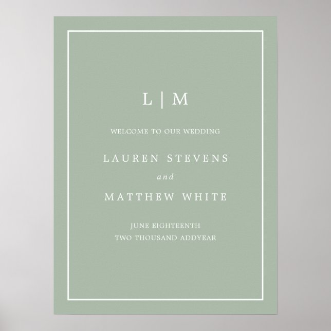Simple Sage Green Monogram Wedding Welcome Sign (Front)
