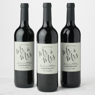 Simple Sage Green Mr & Mrs Script Wedding Wine Label