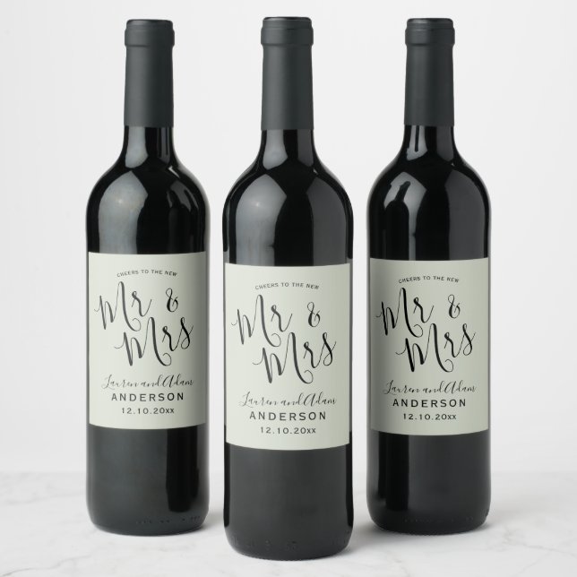 Simple Sage Green Mr & Mrs Script Wedding  Wine Label (Bottles)