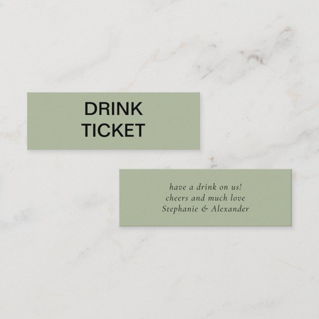 Simple Sage Green Newlywed Wedding Drink Ticket (Front/Back)