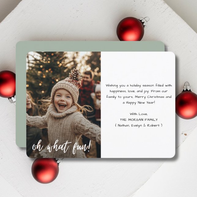 Simple Sage Green Oh What Fun Christmas Baby Photo Holiday Card (Creator Uploaded)