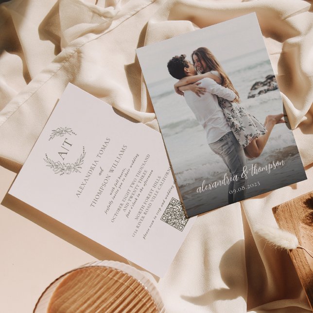 Simple Sage Green Photo QR Code RSVP Wedding Invitation (Creator Uploaded)