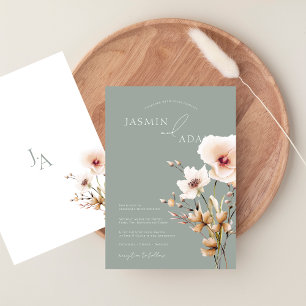 Simple Sage Green Pink Wildflowers Floral Wedding Invitation
