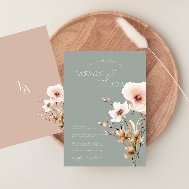 Simple Sage Green Pink Wildflowers Floral Wedding Invitation (Simple Sage Green Pink Wildflowers Floral Wedding Invitation)