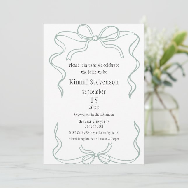 Simple Sage Green Ribbon Frame Bridal Shower Invitation (Standing Front)
