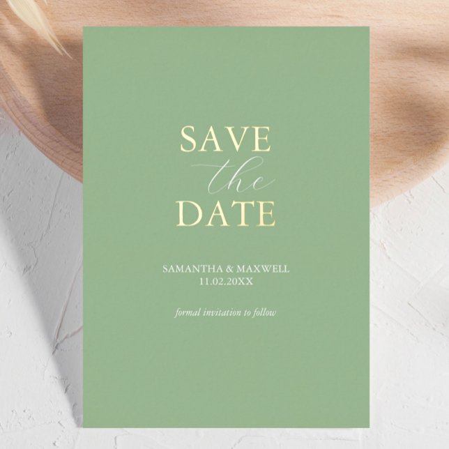 Simple Sage Green Save The Date Wedding Foil Invit (contemporary save the date cards green minimalist )