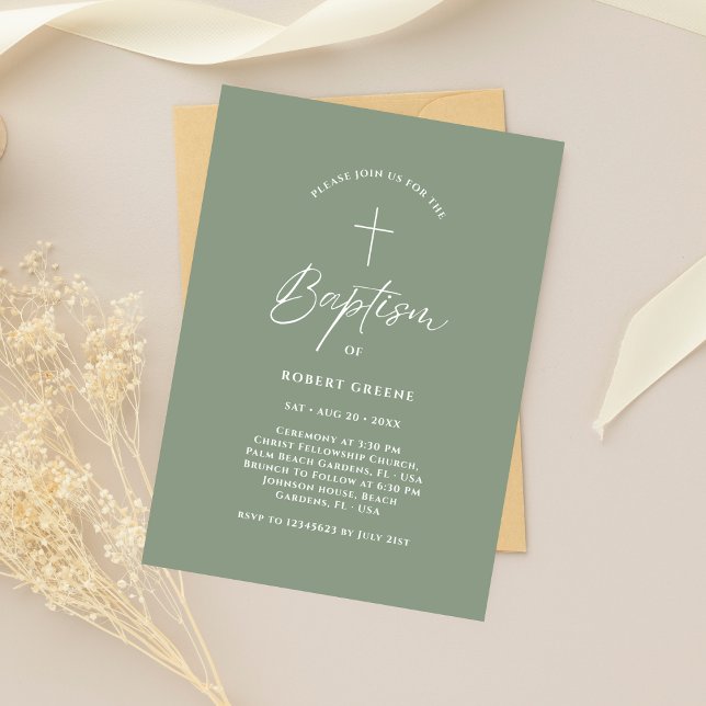 Simple Sage Green Script Infant Baby Photo Baptism Invitation (Creator Uploaded)
