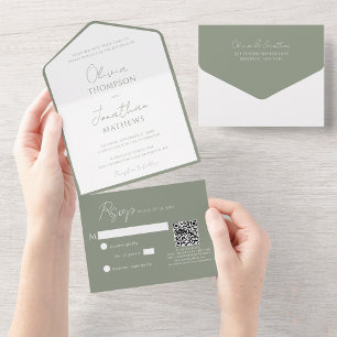 Simple Sage Green Script QR Code Wedding All In One Invitation