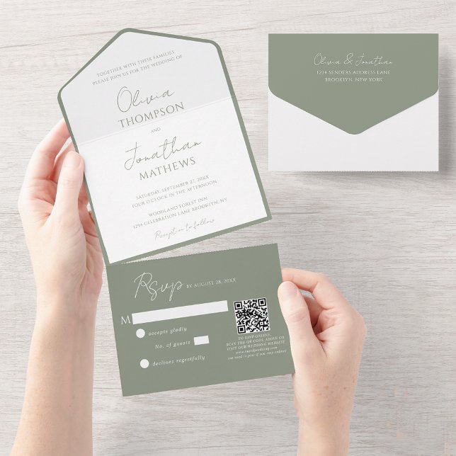 Simple Sage Green Script QR Code Wedding All In One Invitation (Creator Uploaded)