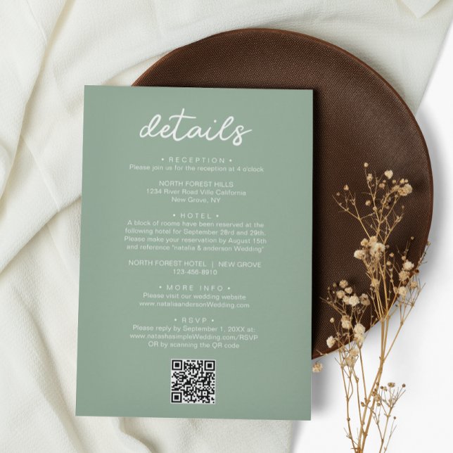 Simple Sage Green Script QR Code Wedding Detail Enclosure Card (Creator Uploaded)