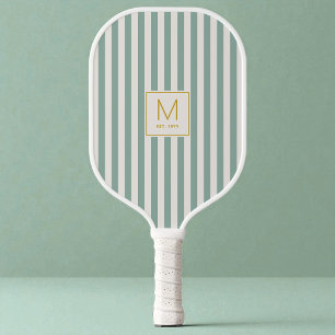 Simple Sage Green Stripes Gold Initial Monogram Pickleball Paddle