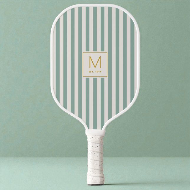 Simple Sage Green Stripes Gold Initial Monogram Pickleball Paddle (Simple Sage Green Stripes Gold Initial Monogram Pickleball Paddle)