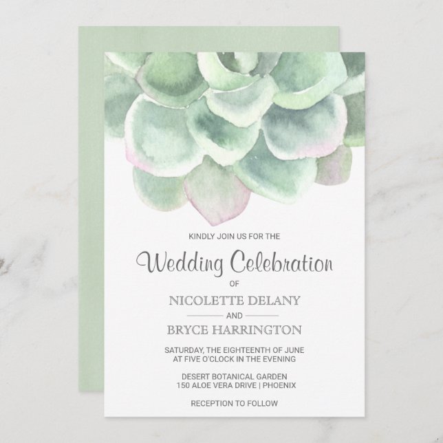 Simple Sage Green Watercolor Succulent Wedding Invitation (Front/Back)