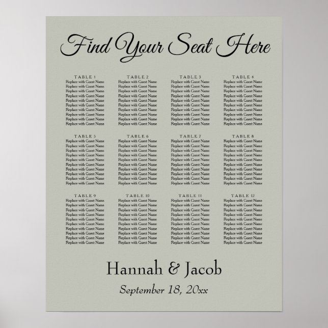 Simple Sage Green Wedding Reception Seating Chart (Front)