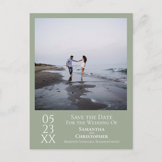 Simple Sage Green Wedding Save the Date Photo Postcard (Front)