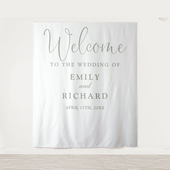 Simple Sage Green Wedding Welcome Photo Backdrop Tapestry (Front)