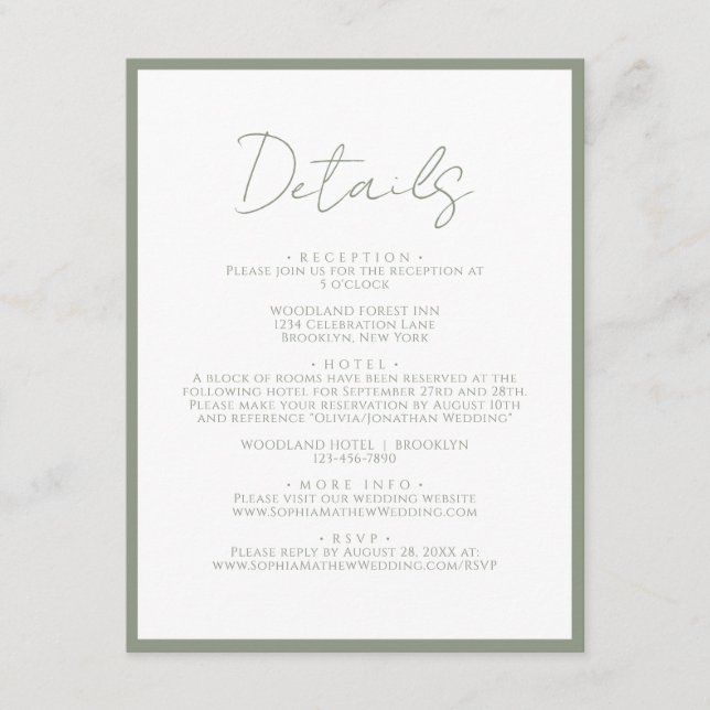 Simple Sage Green White Script Wedding Details Enclosure Card (Front)