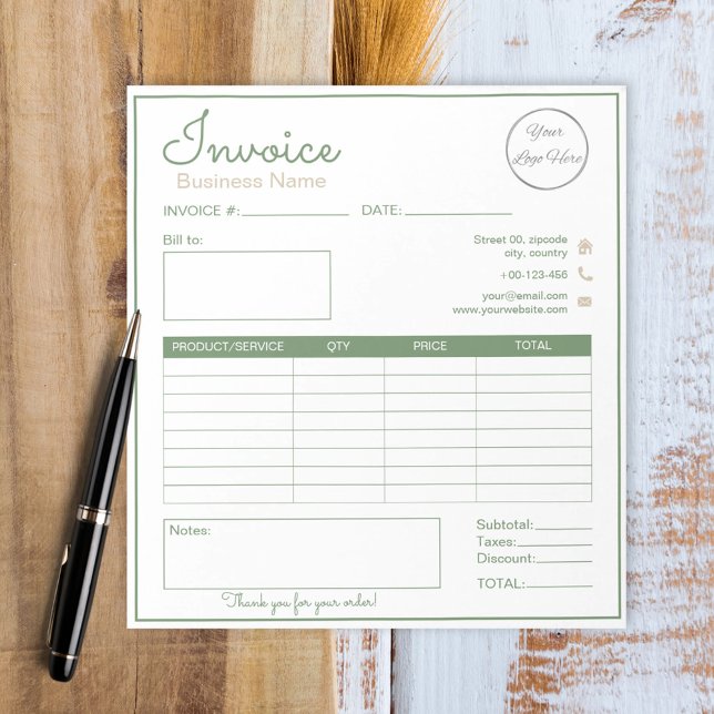 Simple sage green with logo small business invoice notepad (Creator Uploaded)