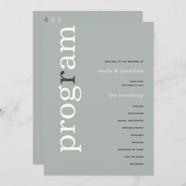 Simple Sage Ivory Text Wedding Program (Front/Back)