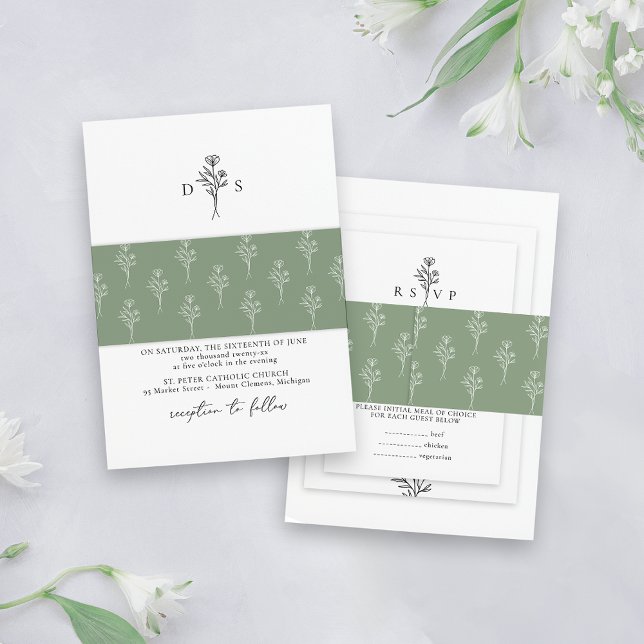 Simple Sage Minimalist Floral Pattern Wedding Invitation Belly Band (Creator Uploaded)