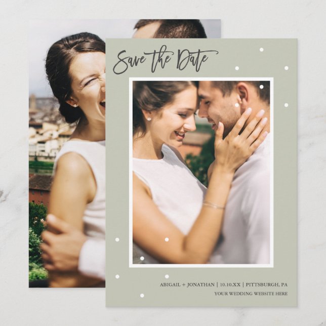 Simple Sage Two Photo with Dots Save the Date (Front/Back)