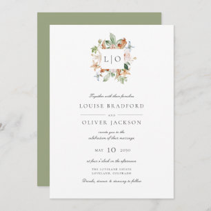 Simple Sage Watercolor Monogram Wreath Wedding Invitation