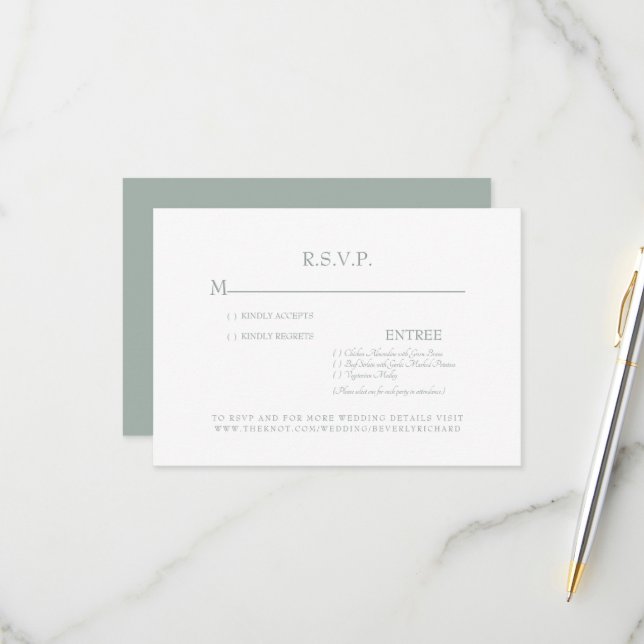 Simple Sage & White  Wedding RSVP Card (Front/Back In Situ)